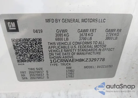 2019 Chevrolet Silverado 1500 Work Truck z USA, uszkodzony, nr VIN 1GCRWAEH8KZ329778